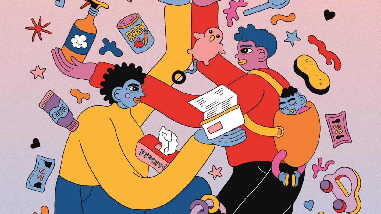 Buntes comicartiges Bild, das geschlechtslose Personen zeigt, die Babys, Feuchtigkeitstücher, Brote uvm jonglieren