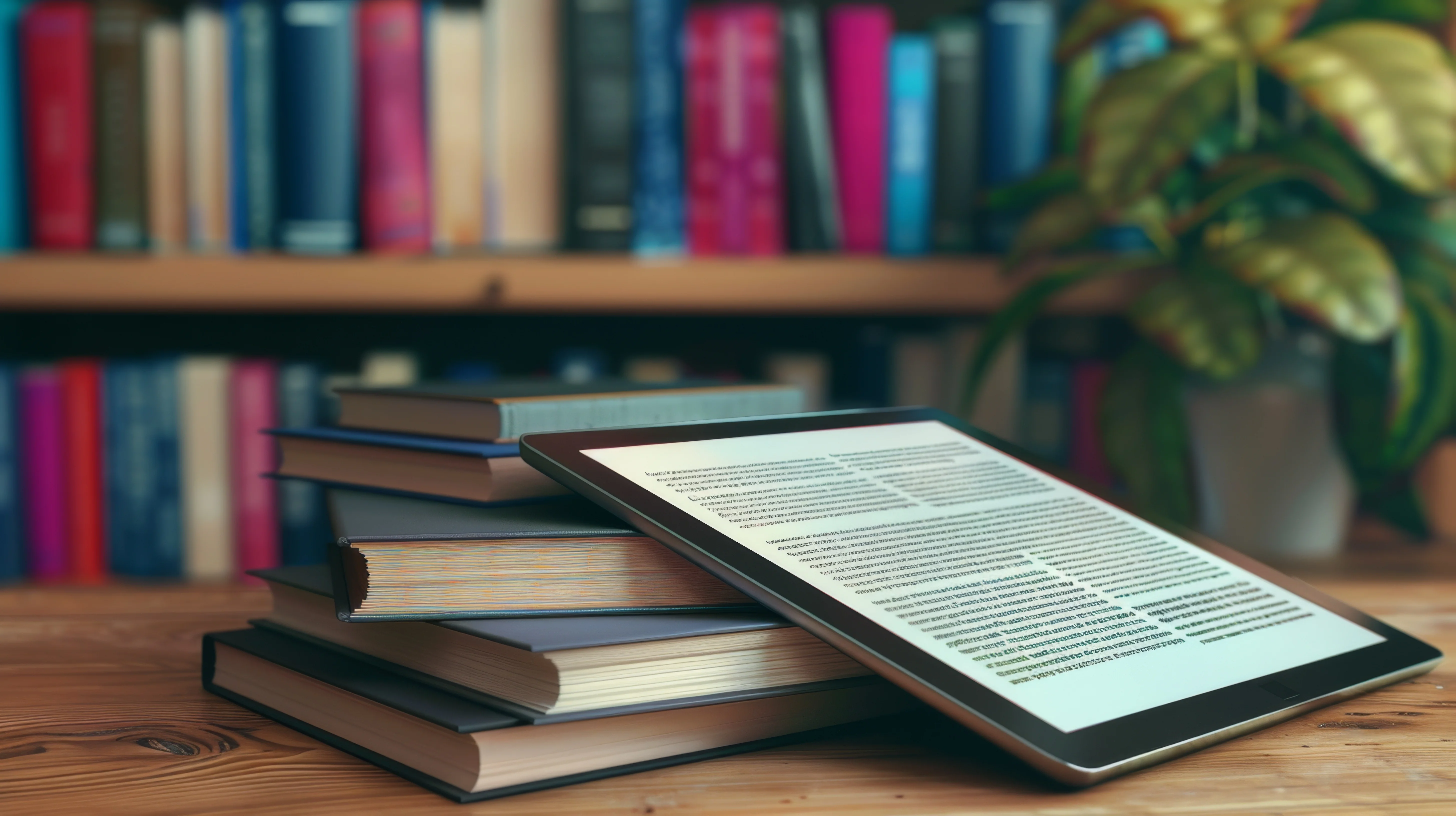 Ein E-Reader lehnt an einem Stapel Bücher.