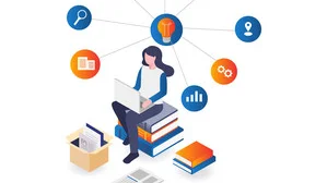 Grafik einer Frau, die auf einem Bücherturm sitzt mit Laptop auf dem Schoss und vielen Blasen, die mit Strichen mit ihr verbunden sind