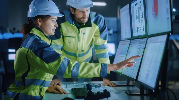 Industry 4.0 Modern Factory: Project Engineer Talks to Female Operator who Controls Facility Production Line, Uses Computer with Screens Showing AI, Machine Learning Enhanced Assembly Process Grafik