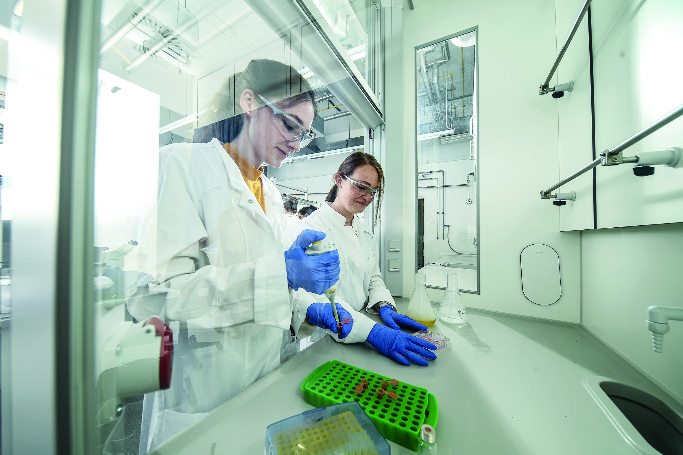 Das Bild zeigt Studierende im Biotechnologie-Labor in Kittel und Schutzbrille