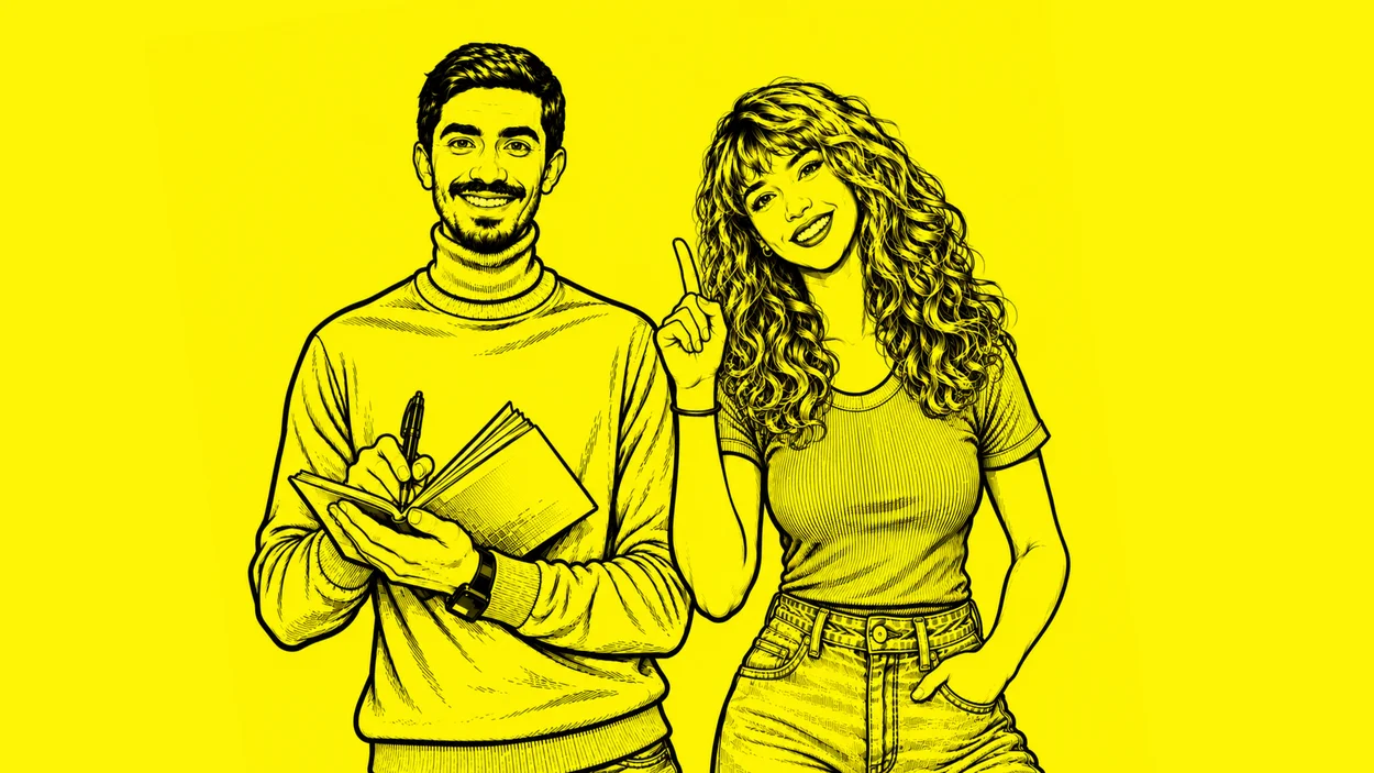 Illustration zweier Studierender vor gelbem Hintergrund