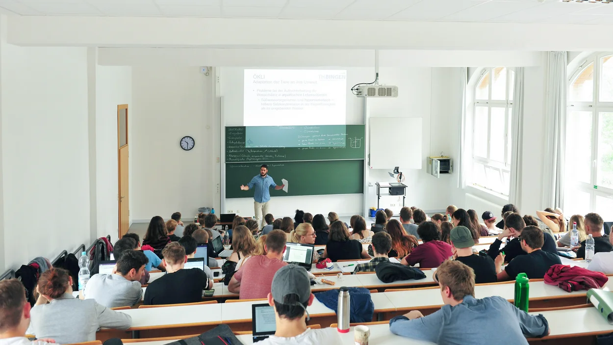 Das Bild zeigt Studierende in einem Hörsaal der Technischen Hochschule Bingen und einen Lehrenden vor einer großen Tafel, der gerade etwas erklärt.