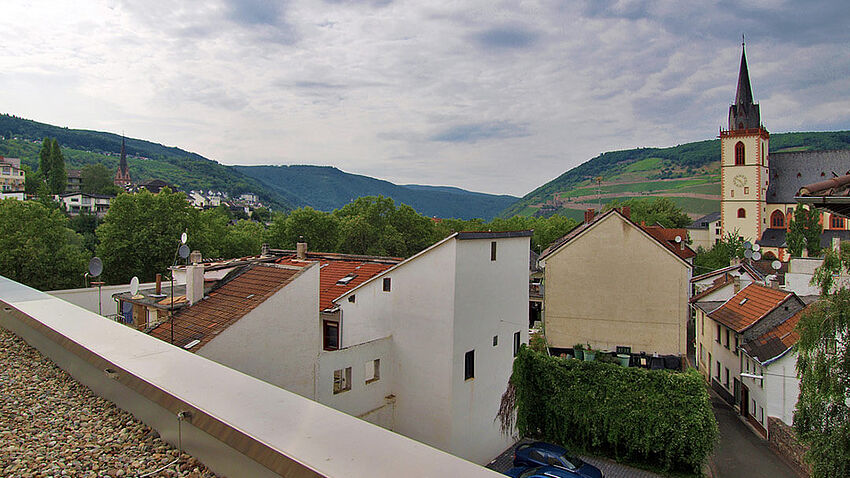 Ausblick vom Dach des Studentenwohnheims auf die Sankt Martin Basilika mit Weinbergen im Hintergrund