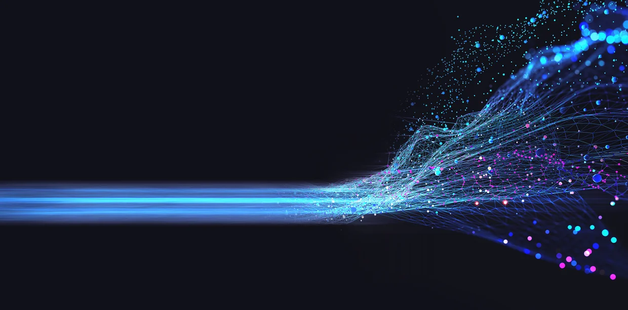 3D-Illustration eines neuronalen Netzwerks. Big Data und Cybersicherheit. Datenstrom. Globale Datenbank und künstliche Intelligenz. Heller, farbenfroher Hintergrund mit Bokeh-Effekt.