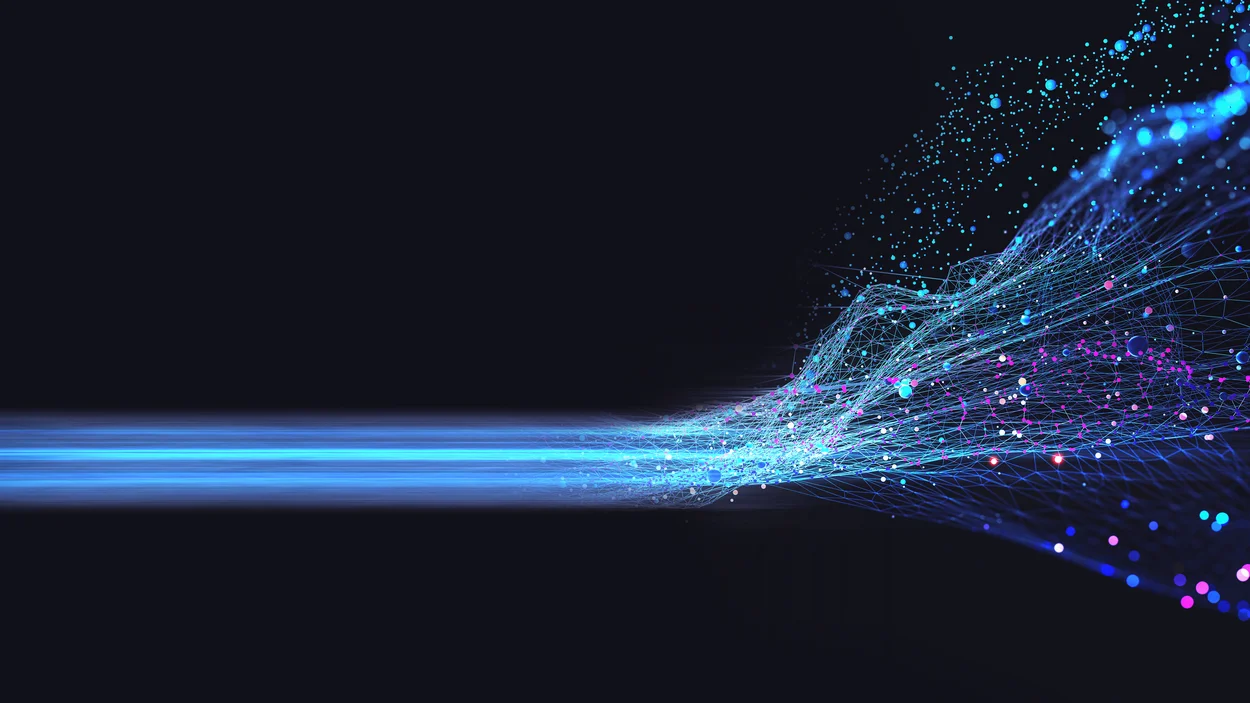 3D-Illustration eines neuronalen Netzwerks. Big Data und Cybersicherheit. Datenstrom. Globale Datenbank und künstliche Intelligenz. Heller, farbenfroher Hintergrund mit Bokeh-Effekt.