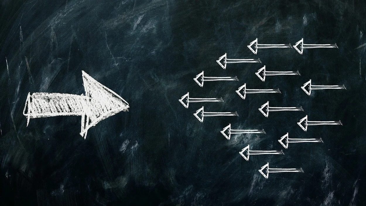 Tafel mit großem weißen Pfeil, der nach rechts zeigt, und vielen kleinen Pfeilen, die nach links fliegen