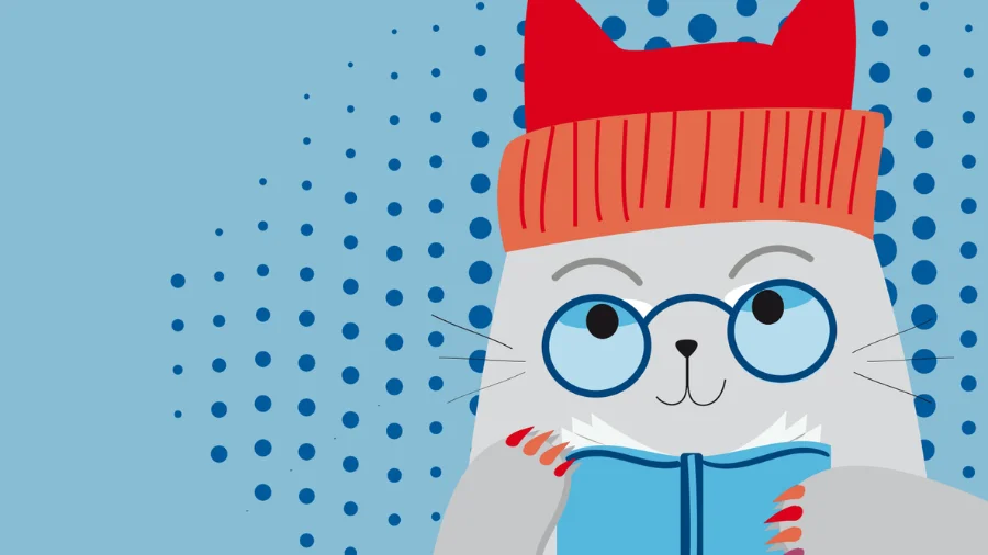 Gemalte Katze mit Brille und Buch vor blauem Hintergrund