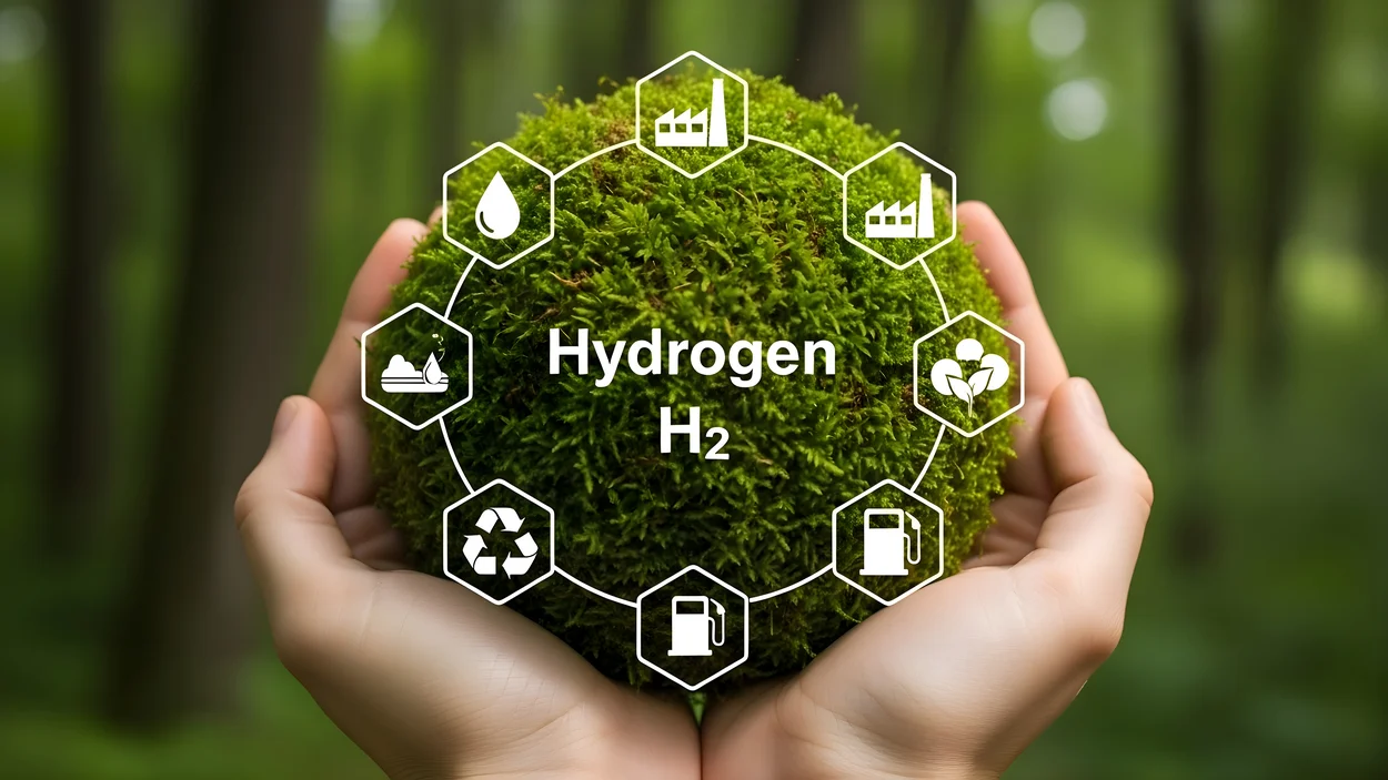 Hand mit grüner Kugel und Hydrogen H2 Beschriftung
