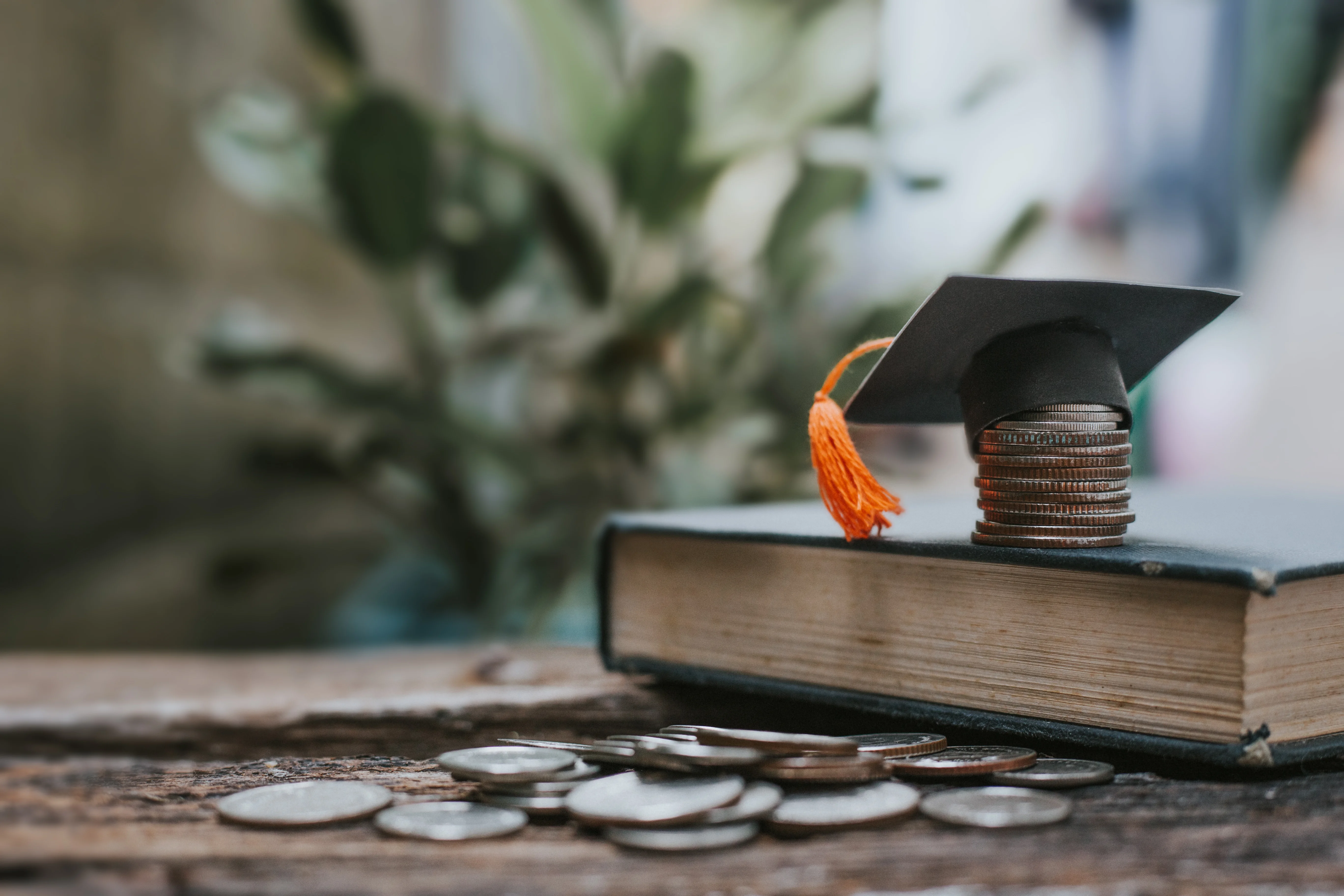 Geld sparen – Finanzkonzept, Glückwunsch an die Absolventen, Hut auf dem Geld mit Buch.