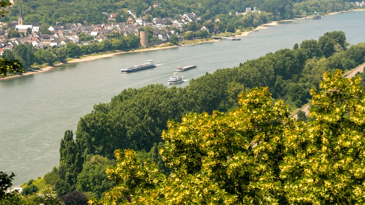 Fotografie eines Rheinabschnitts mit Schiffen, Wald und Häusern