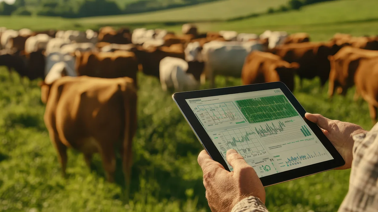 Kühe auf der Weide mit Tablet 