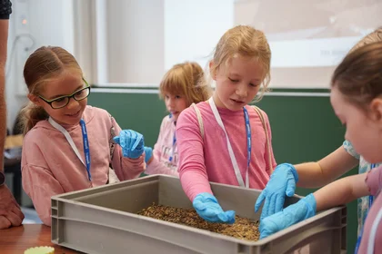 Kinder mit blauen Handschuhen erforschen die Larvenkiste