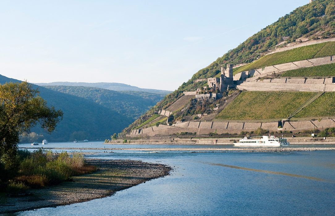 Mündung der Nahe in den Rhein, im Hintergrund Burg Ehrenfels